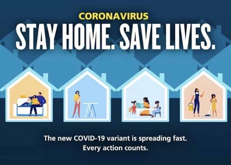 UK Government post showing four houses, three of which have women and daughters doing housework and home schooling.